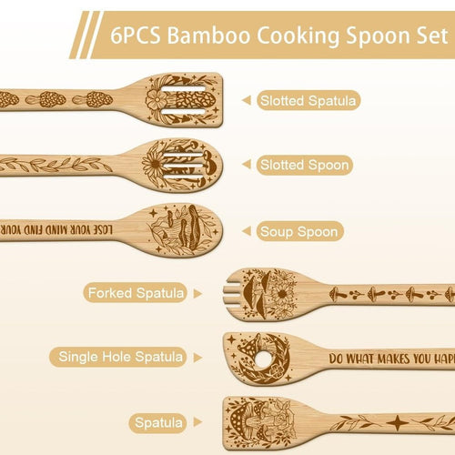 6Pcs Mushroom Bamboo Cooking Utensils Wooden Engraved Cooking Spoons Set Carving