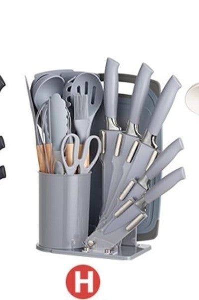 19 Pieces Kitchen Cooking Utensils and Knife Set with Holder Block, Grey